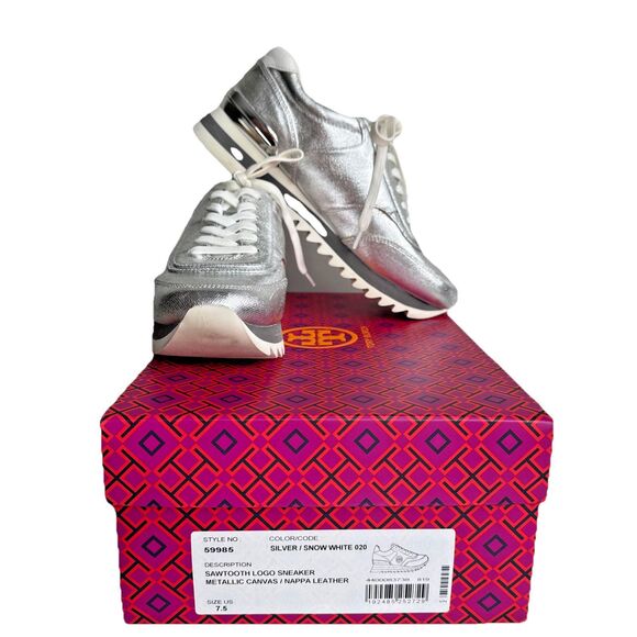 Tory Burch Sawtooth Logo Sneaker Size 7.5 Metallic Canvas Napa Leather Silver - Picture 1 of 12
